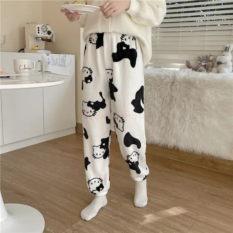 Christmas Sanrio Hello Kitty Pajamas Halloween Flannel Fashion Trouserswomen Kawaii Woolen Anime Cartoon Casual Home Pant Autumn