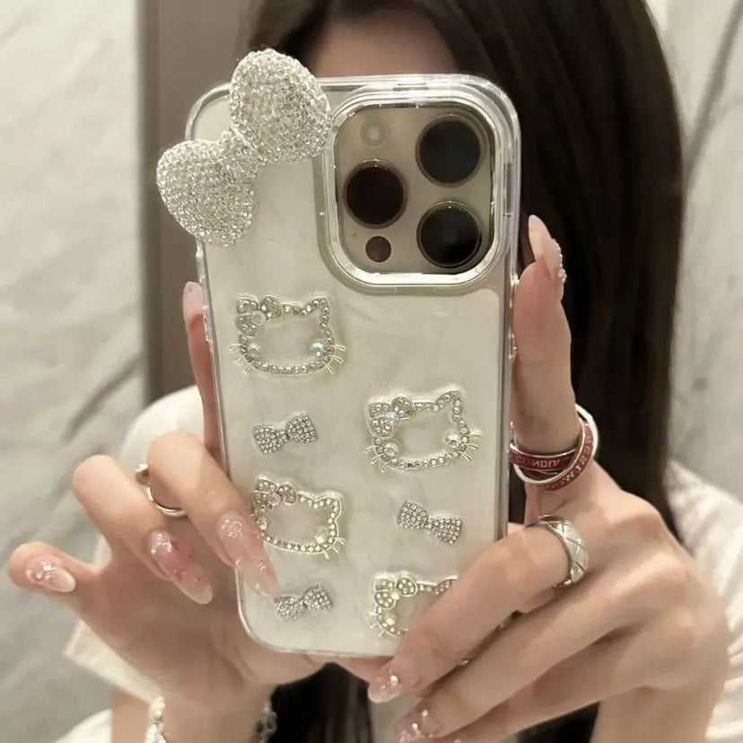 Hello Kitty Anime Diamond Three-dimensional Chain Phone Case for IPhone 11 12 13 14 15 Pro Max Plus 16Pro Shockproof Cover Gifts