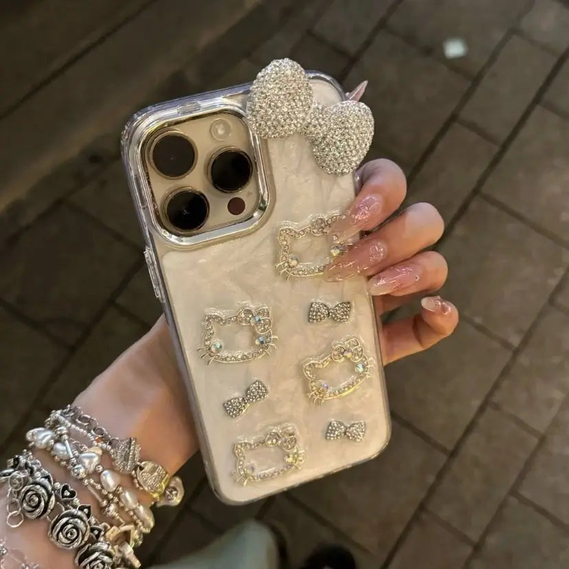 Hello Kitty Anime Diamond Three-dimensional Chain Phone Case for IPhone 11 12 13 14 15 Pro Max Plus 16Pro Shockproof Cover Gifts