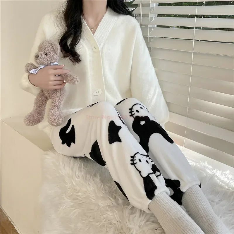 Christmas Sanrio Hello Kitty Pajamas Halloween Flannel Fashion Trouserswomen Kawaii Woolen Anime Cartoon Casual Home Pant Autumn