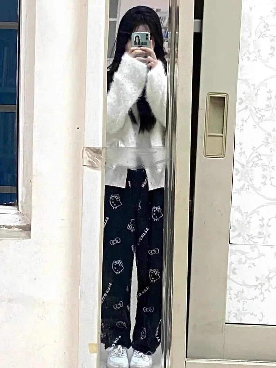Christmas Sanrio Hello Kitty Pajamas Halloween Flannel Fashion Trouserswomen Kawaii Woolen Anime Cartoon Casual Home Pant Autumn