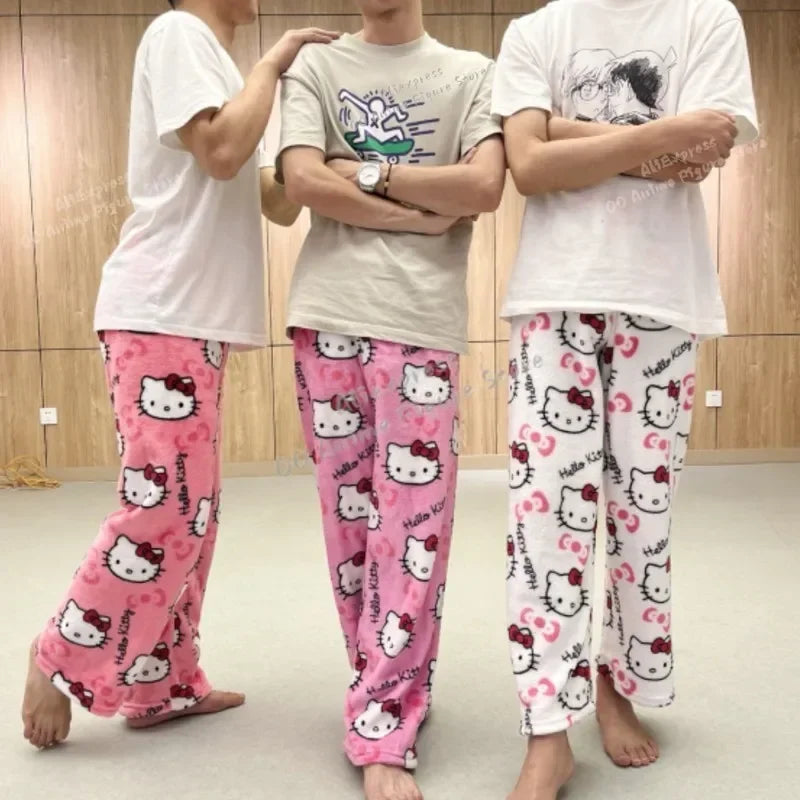 Christmas Sanrio Hello Kitty Pajamas Halloween Flannel Fashion Trouserswomen Kawaii Woolen Anime Cartoon Casual Home Pant Autumn