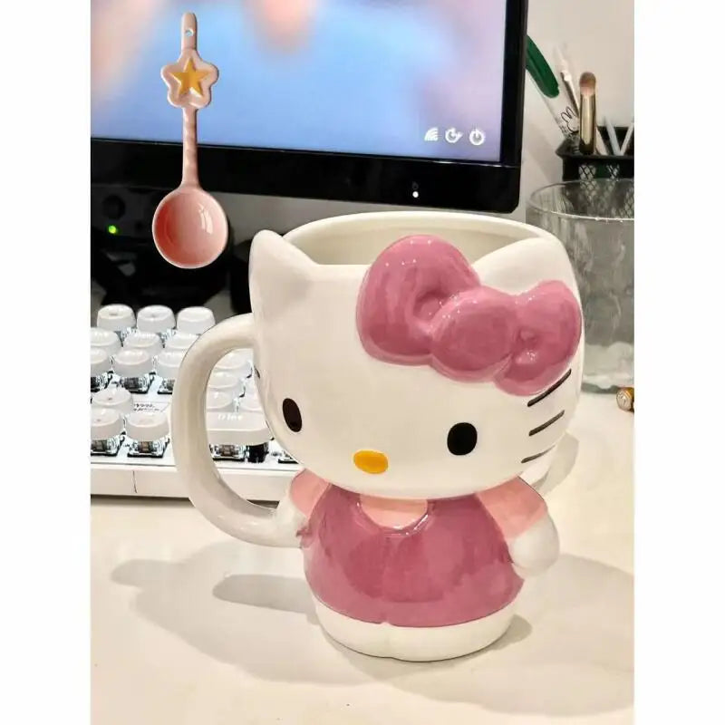Cute Cartoon Hello Kittys Ceramic Cup Mug Good-Looking Large Capacity Household There's A Spoon Coffee Cup Fashion Festival Gift