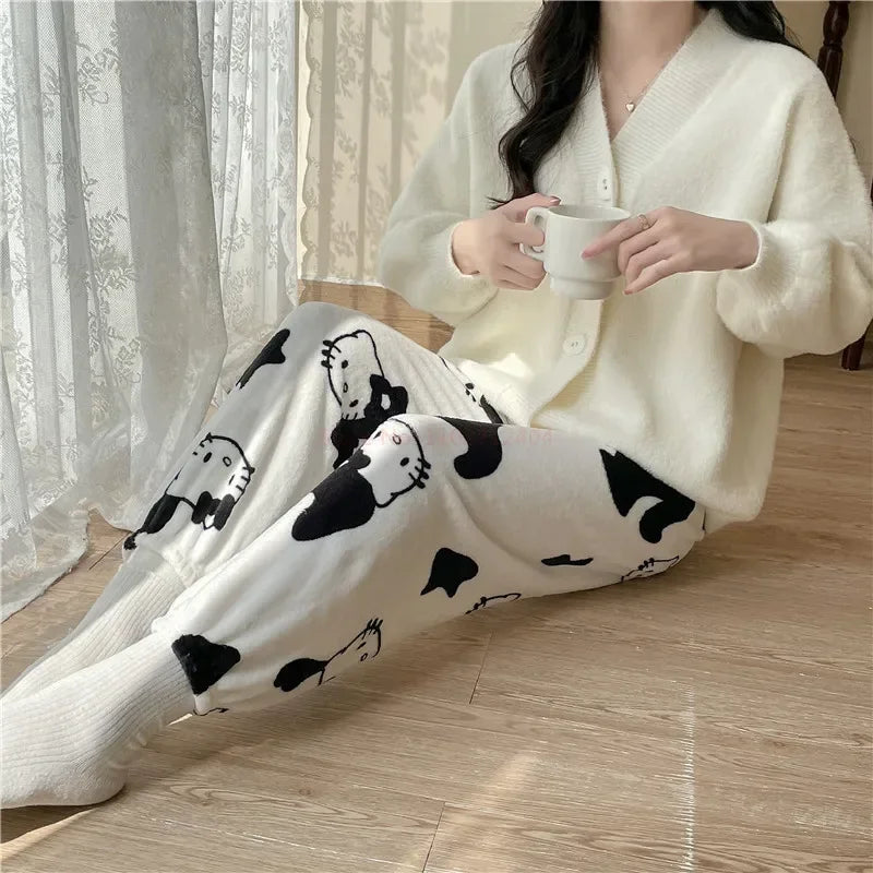 Christmas Sanrio Hello Kitty Pajamas Halloween Flannel Fashion Trouserswomen Kawaii Woolen Anime Cartoon Casual Home Pant Autumn