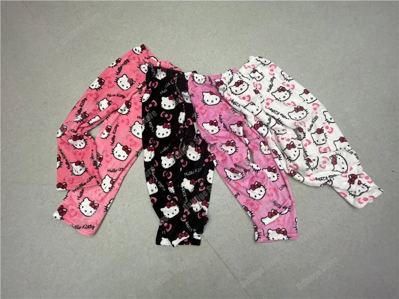 Christmas Sanrio Hello Kitty Pajamas Halloween Flannel Fashion Trouserswomen Kawaii Woolen Anime Cartoon Casual Home Pant Autumn