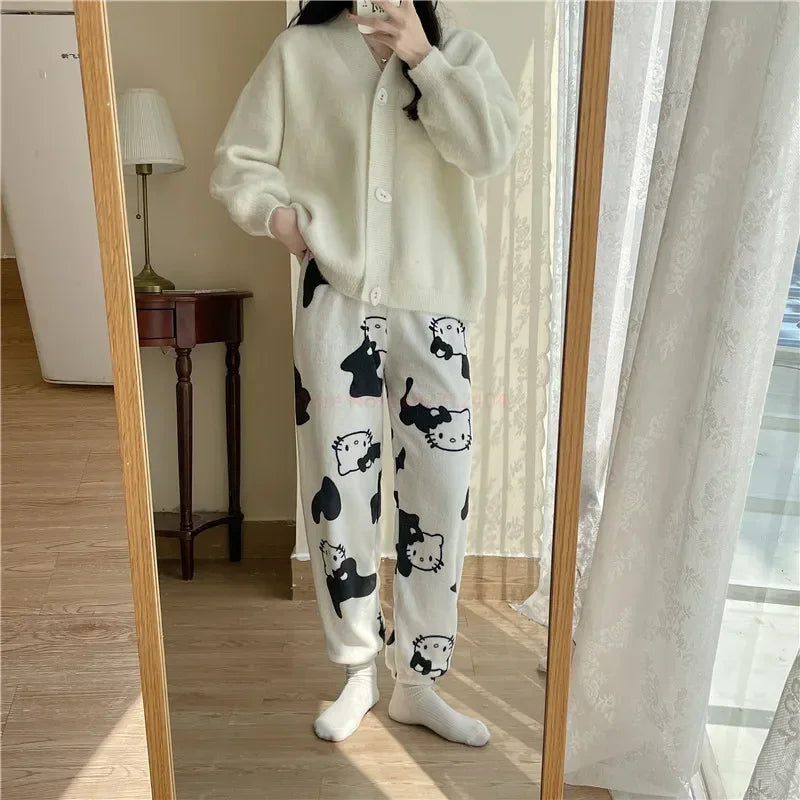 Christmas Sanrio Hello Kitty Pajamas Halloween Flannel Fashion Trouserswomen Kawaii Woolen Anime Cartoon Casual Home Pant Autumn