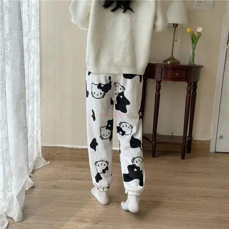 Christmas Sanrio Hello Kitty Pajamas Halloween Flannel Fashion Trouserswomen Kawaii Woolen Anime Cartoon Casual Home Pant Autumn