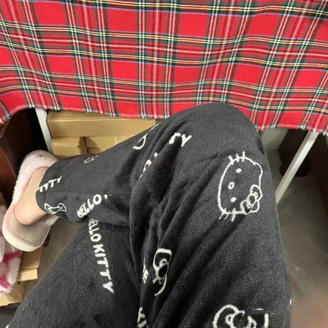 Christmas Sanrio Hello Kitty Pajamas Halloween Flannel Fashion Trouserswomen Kawaii Woolen Anime Cartoon Casual Home Pant Autumn