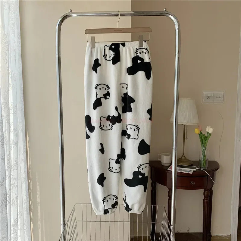 Christmas Sanrio Hello Kitty Pajamas Halloween Flannel Fashion Trouserswomen Kawaii Woolen Anime Cartoon Casual Home Pant Autumn