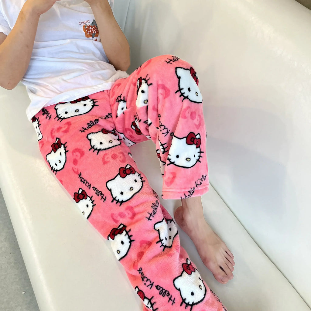 Christmas Sanrio Hello Kitty Pajamas Halloween Flannel Fashion Trouserswomen Kawaii Woolen Anime Cartoon Casual Home Pant Autumn