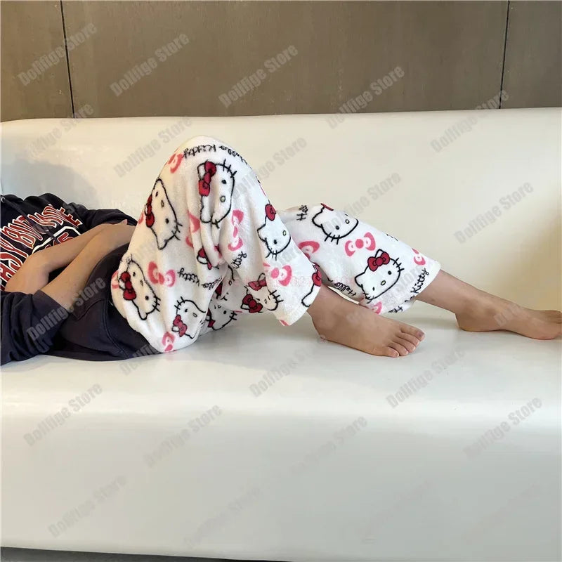 Christmas Sanrio Hello Kitty Pajamas Halloween Flannel Fashion Trouserswomen Kawaii Woolen Anime Cartoon Casual Home Pant Autumn