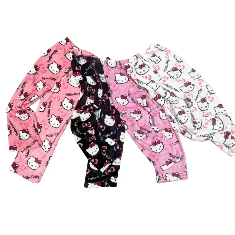 Christmas Sanrio Hello Kitty Pajamas Halloween Flannel Fashion Trouserswomen Kawaii Woolen Anime Cartoon Casual Home Pant Autumn