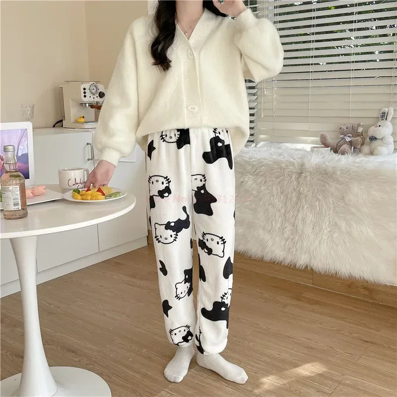 Christmas Sanrio Hello Kitty Pajamas Halloween Flannel Fashion Trouserswomen Kawaii Woolen Anime Cartoon Casual Home Pant Autumn