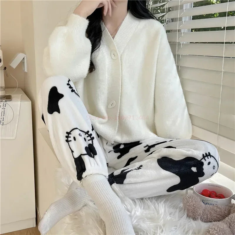 Christmas Sanrio Hello Kitty Pajamas Halloween Flannel Fashion Trouserswomen Kawaii Woolen Anime Cartoon Casual Home Pant Autumn
