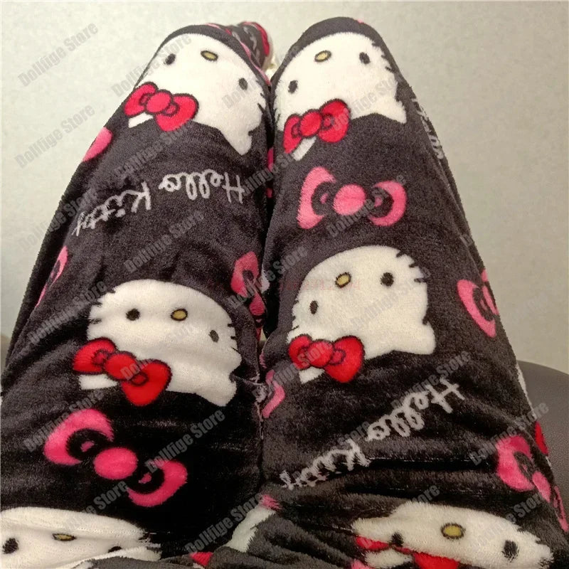 Christmas Sanrio Hello Kitty Pajamas Halloween Flannel Fashion Trouserswomen Kawaii Woolen Anime Cartoon Casual Home Pant Autumn