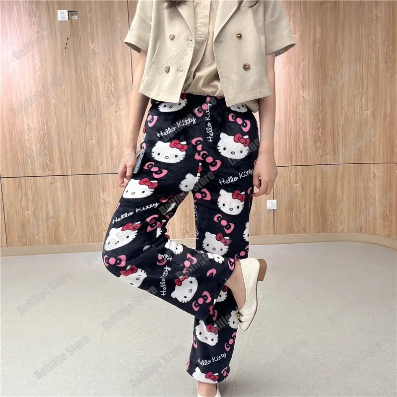 Christmas Sanrio Hello Kitty Pajamas Halloween Flannel Fashion Trouserswomen Kawaii Woolen Anime Cartoon Casual Home Pant Autumn