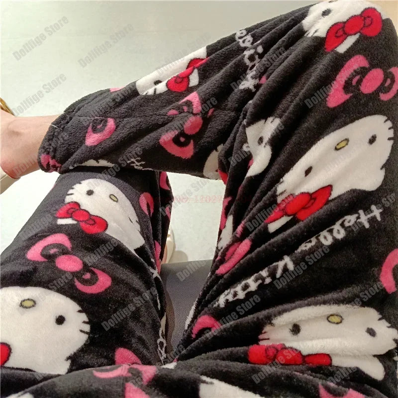 Christmas Sanrio Hello Kitty Pajamas Halloween Flannel Fashion Trouserswomen Kawaii Woolen Anime Cartoon Casual Home Pant Autumn