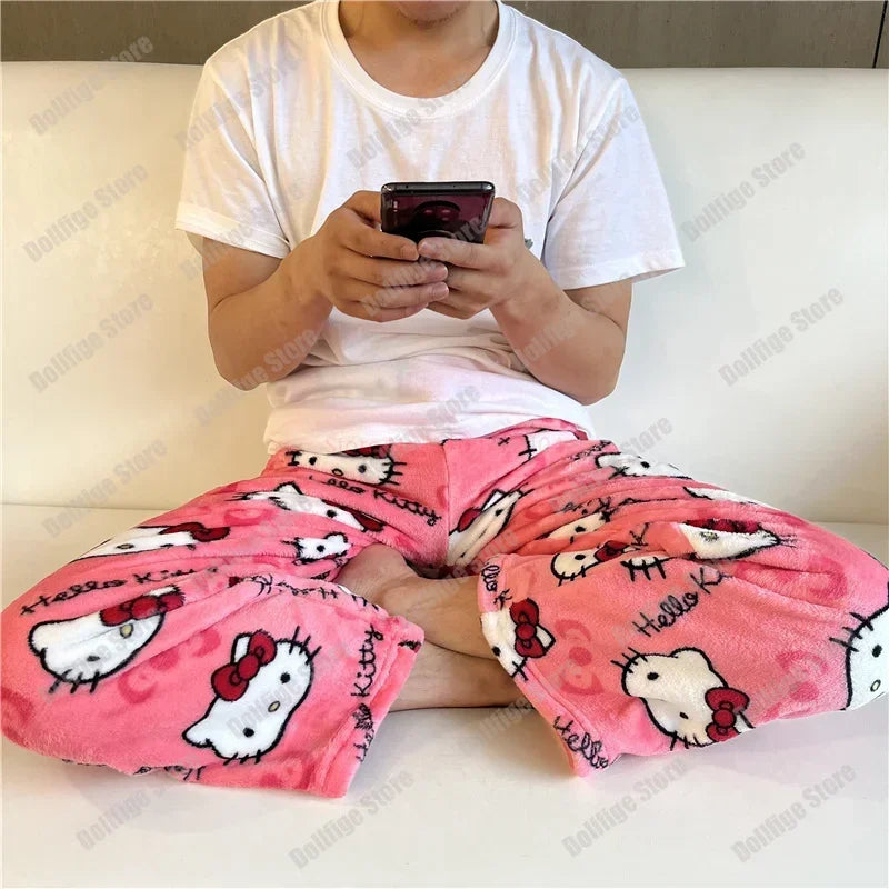 Christmas Sanrio Hello Kitty Pajamas Halloween Flannel Fashion Trouserswomen Kawaii Woolen Anime Cartoon Casual Home Pant Autumn