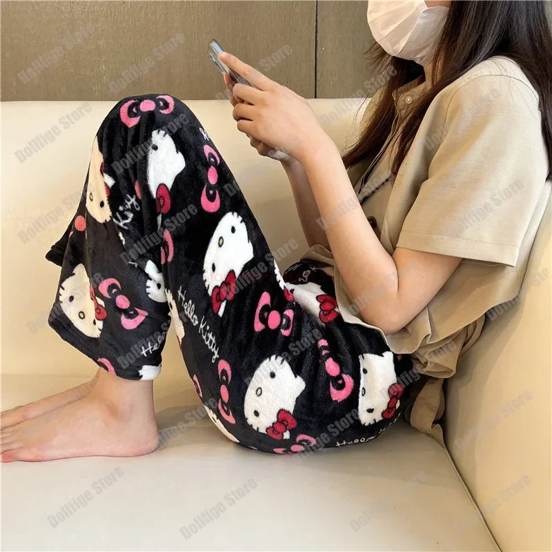 Christmas Sanrio Hello Kitty Pajamas Halloween Flannel Fashion Trouserswomen Kawaii Woolen Anime Cartoon Casual Home Pant Autumn