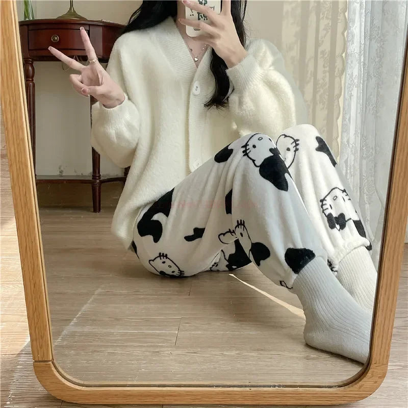 Christmas Sanrio Hello Kitty Pajamas Halloween Flannel Fashion Trouserswomen Kawaii Woolen Anime Cartoon Casual Home Pant Autumn