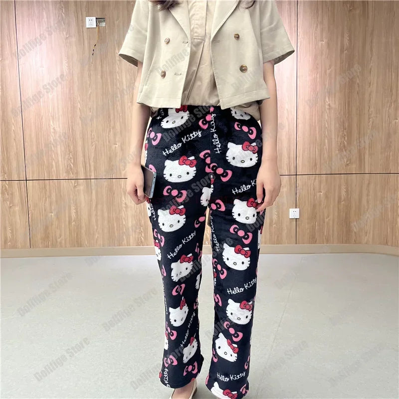 Christmas Sanrio Hello Kitty Pajamas Halloween Flannel Fashion Trouserswomen Kawaii Woolen Anime Cartoon Casual Home Pant Autumn