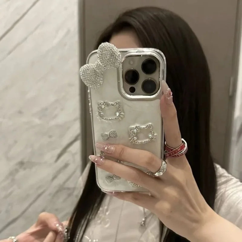 Hello Kitty Anime Diamond Three-dimensional Chain Phone Case for IPhone 11 12 13 14 15 Pro Max Plus 16Pro Shockproof Cover Gifts